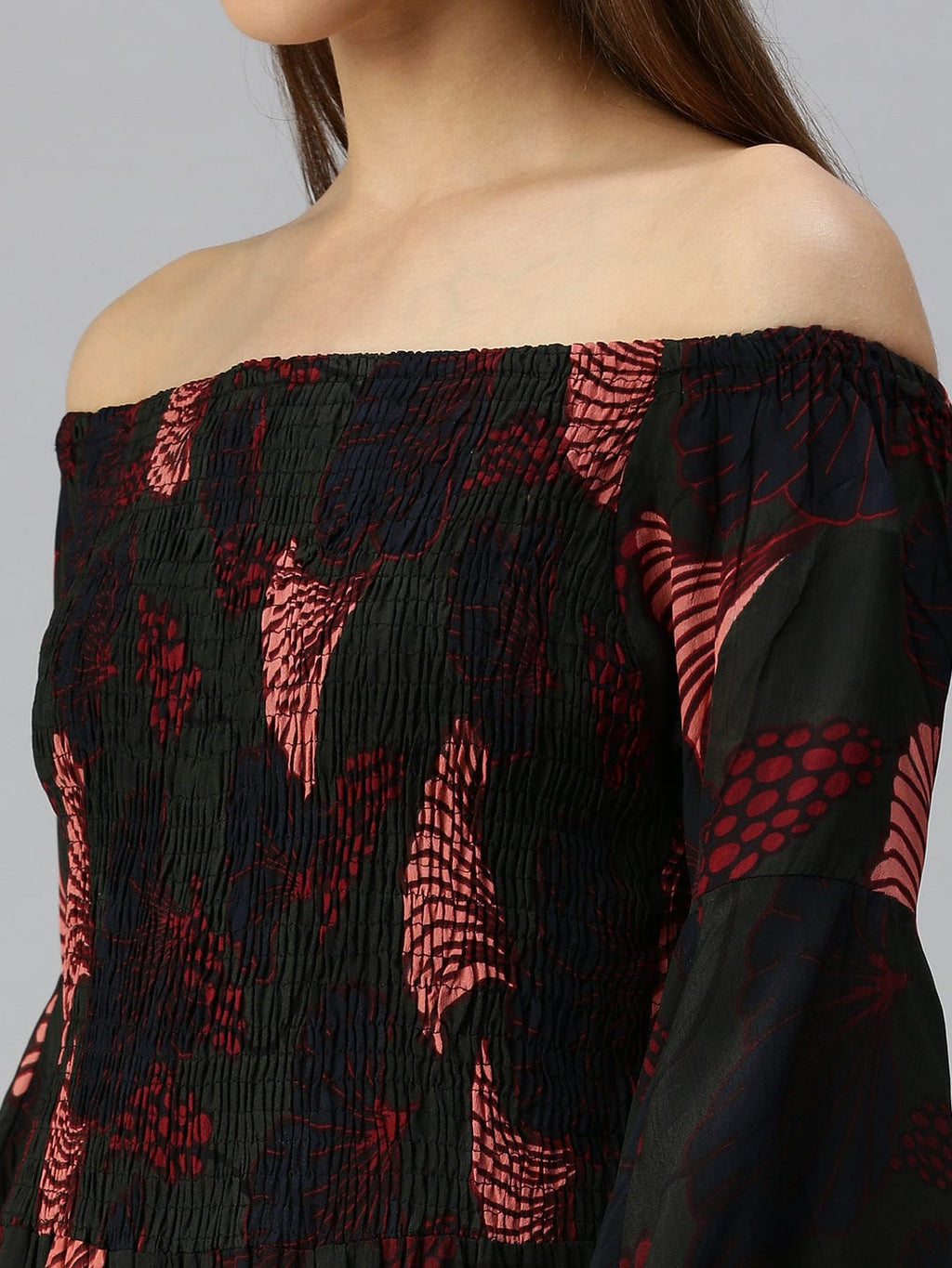 Women's Green Floral Off-Shoulder A-Line Midi Dress