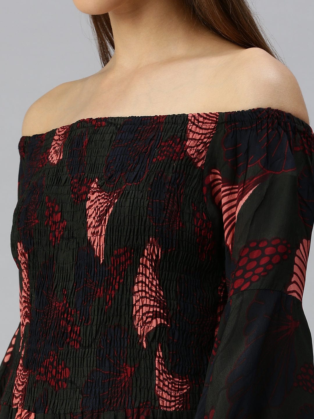 Women's Green Floral Off-Shoulder A-Line Midi Dress