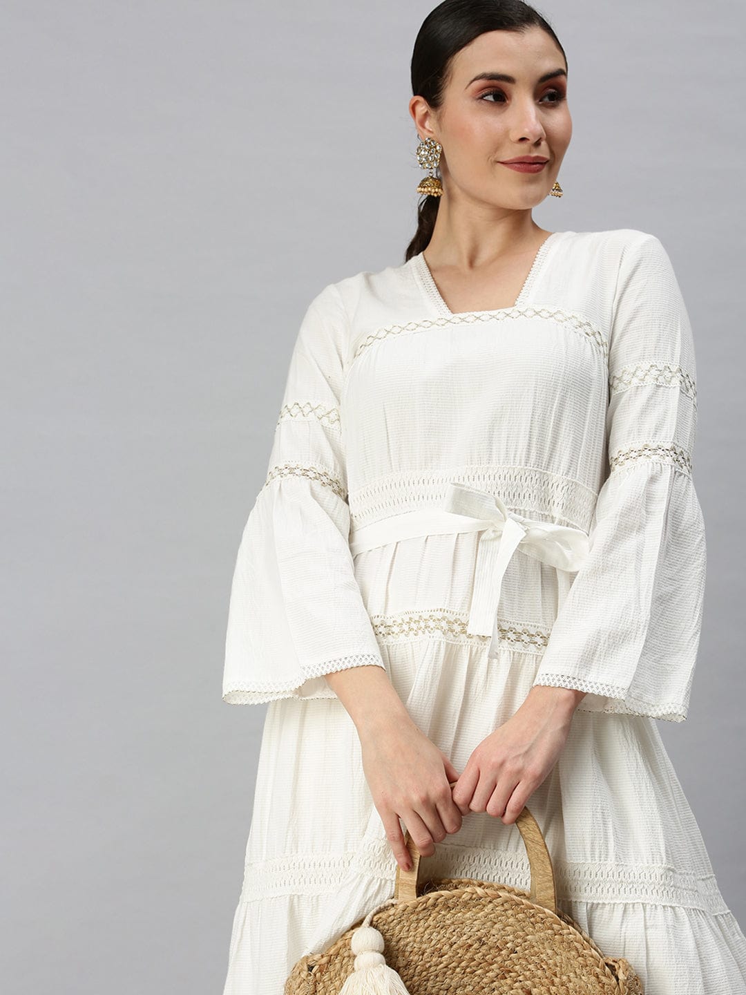 Women's Square Neck Solid White Anarkali Kurta