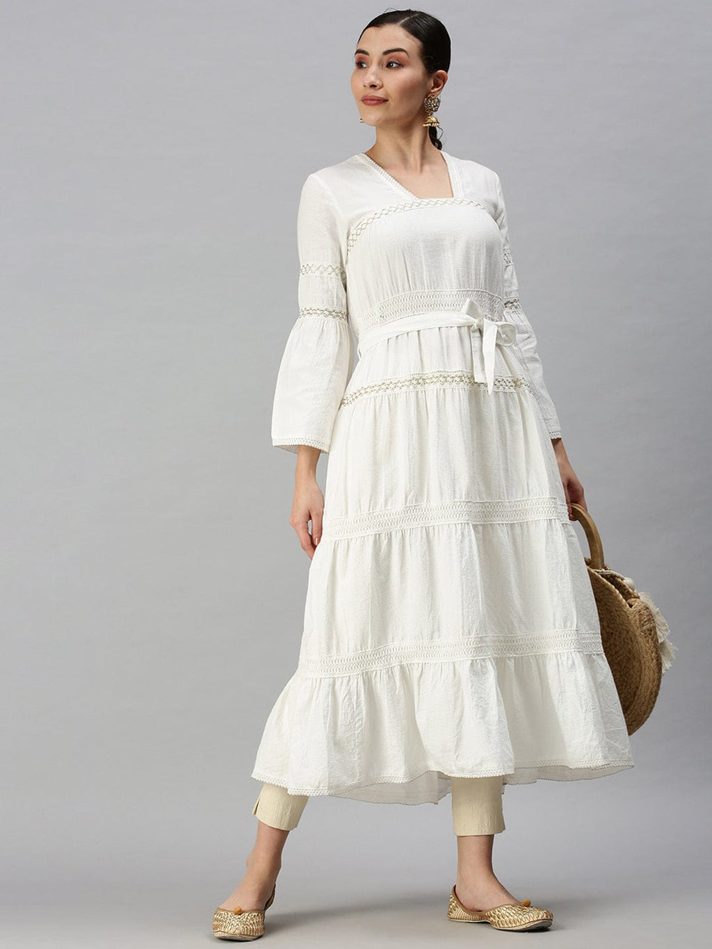 Women's Square Neck Solid White Anarkali Kurta