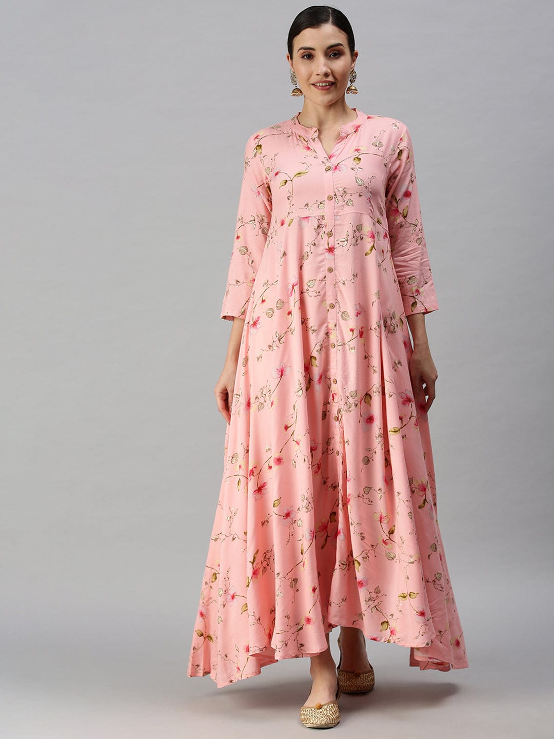Women's Mandarin Collar Printed Pink Anarkali Kurta