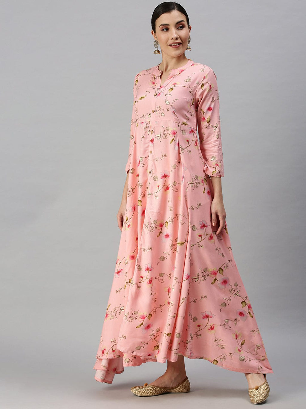 Women's Mandarin Collar Printed Pink Anarkali Kurta