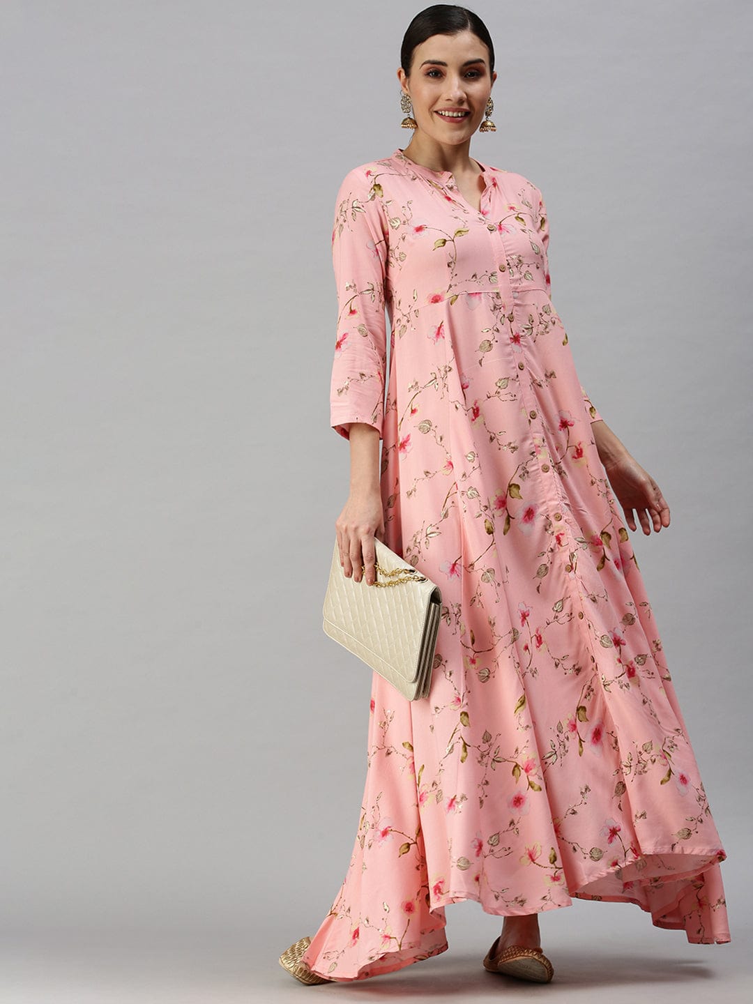 Women's Mandarin Collar Printed Pink Anarkali Kurta