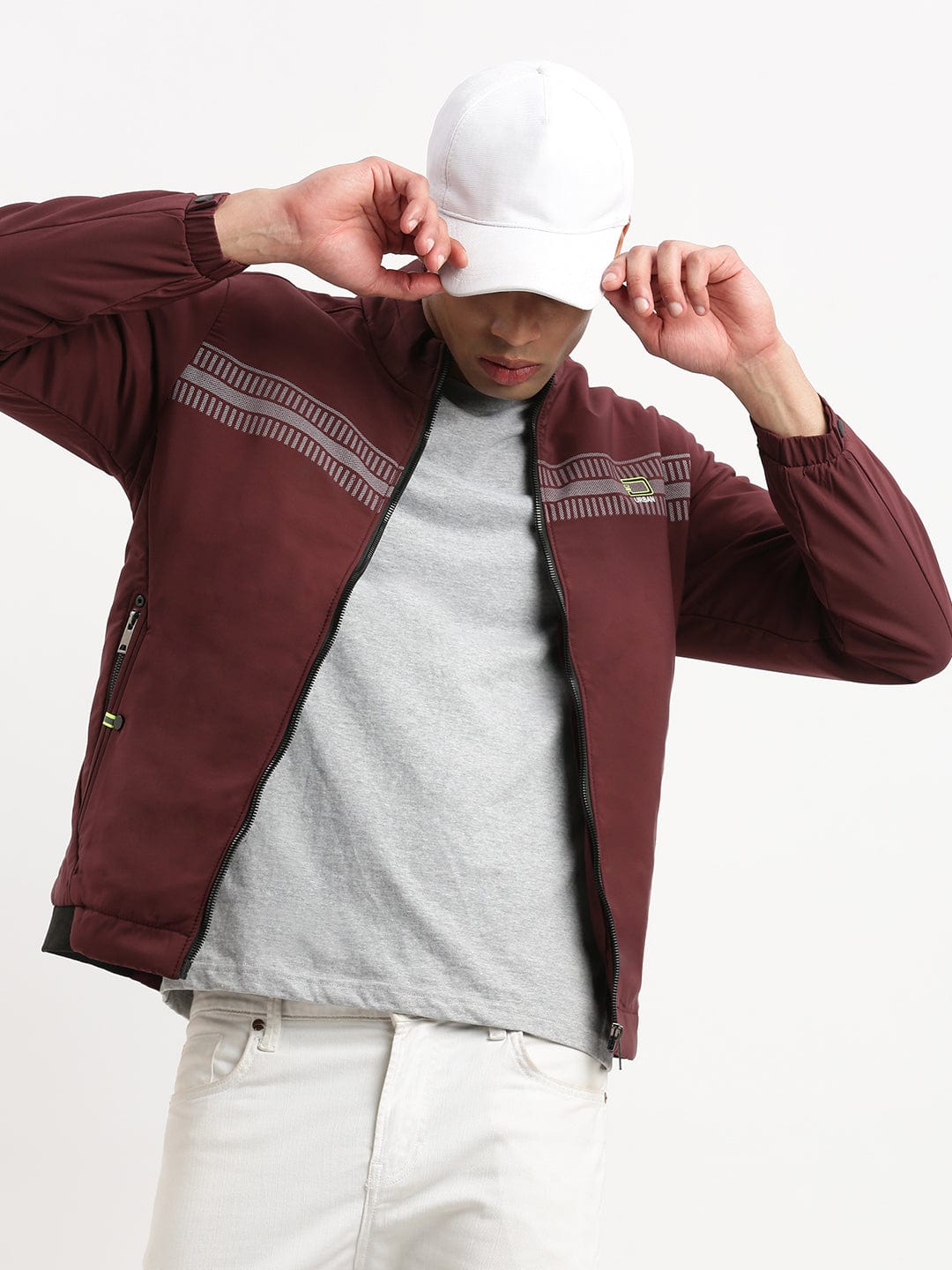 Men's Mock Collar Maroon Casual Solid Bomber Jacket
