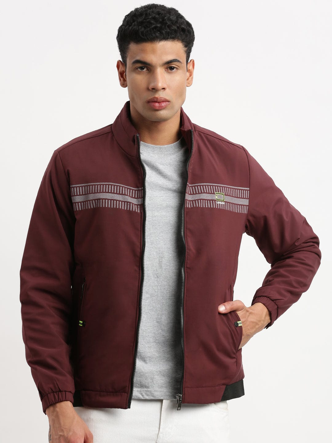 Men's Mock Collar Maroon Casual Solid Bomber Jacket