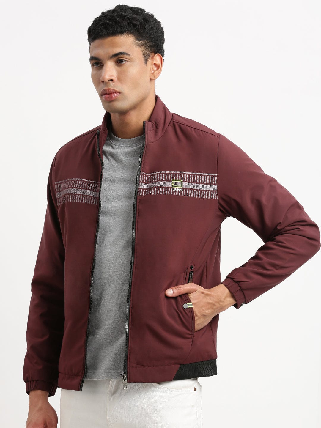 Men's Mock Collar Maroon Casual Solid Bomber Jacket