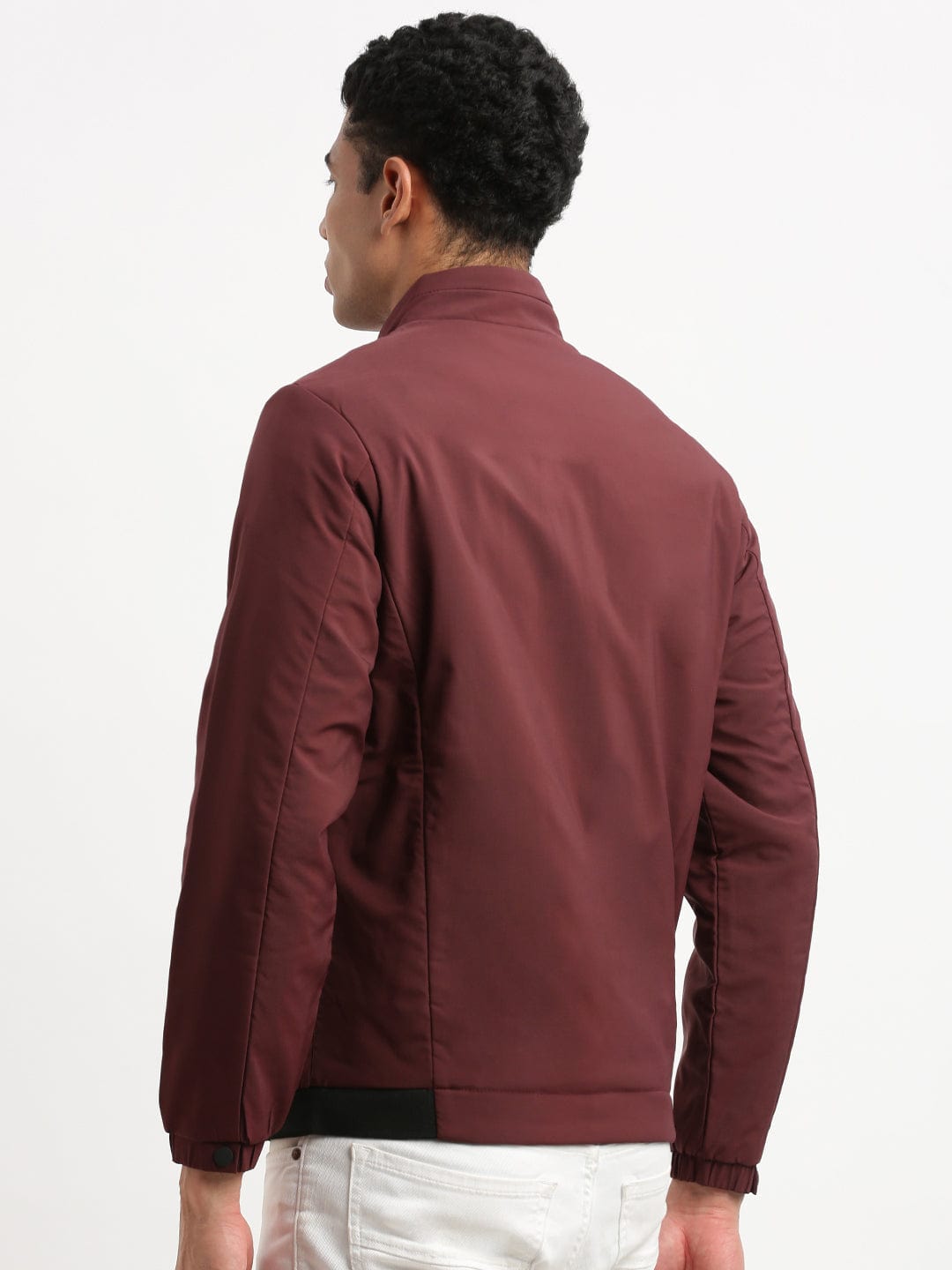 Men's Mock Collar Maroon Casual Solid Bomber Jacket