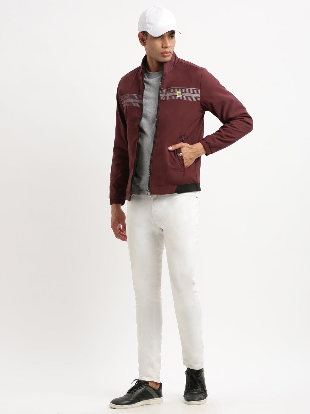 Men's Mock Collar Maroon Casual Solid Bomber Jacket