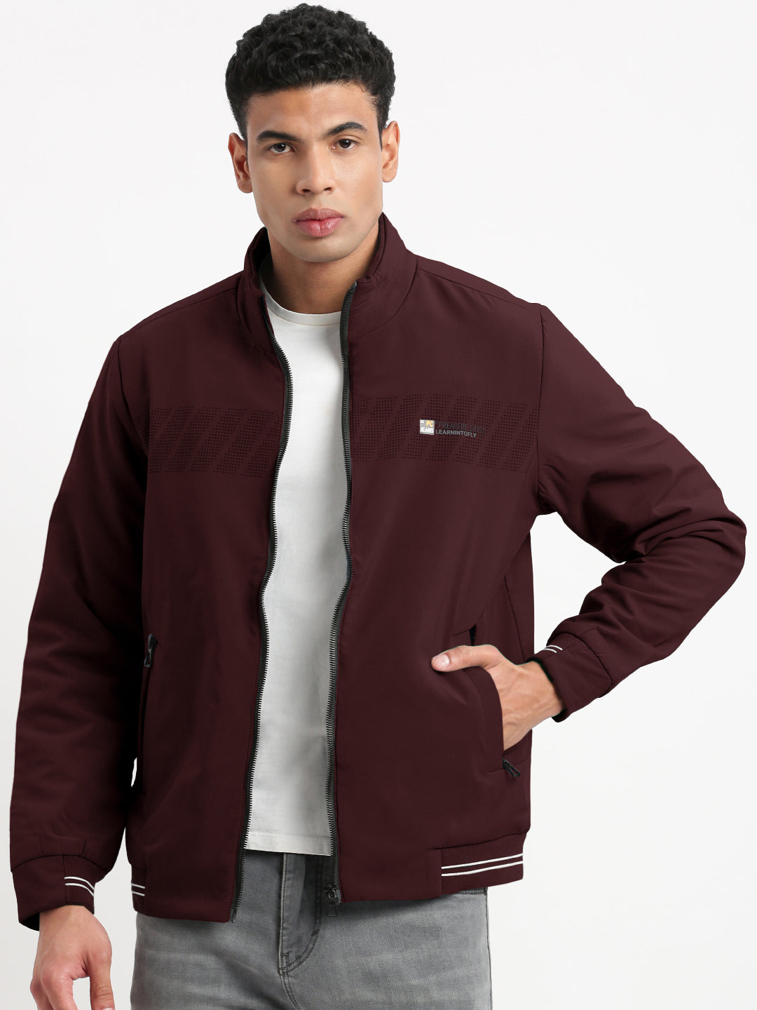Men's Solid Maroon Mock Collar Bomber Jacket