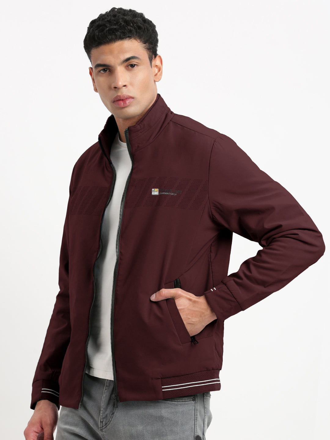 Men's Solid Maroon Mock Collar Bomber Jacket