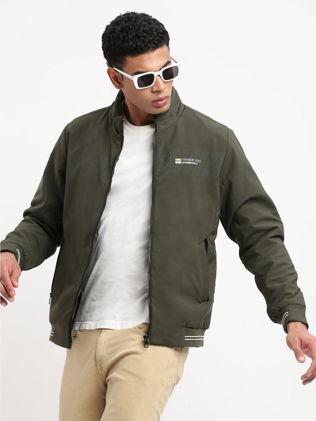Men's Solid Mock Collar Olive Casual Bomber Jacket