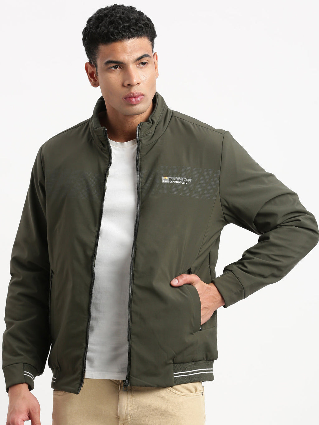 Men's Solid Mock Collar Olive Casual Bomber Jacket