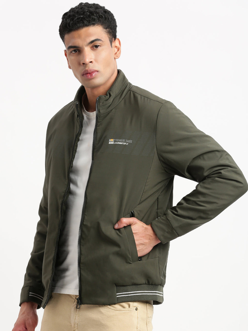 Men's Solid Mock Collar Olive Casual Bomber Jacket
