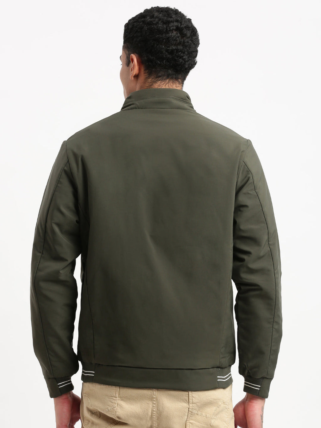 Men's Solid Mock Collar Olive Casual Bomber Jacket