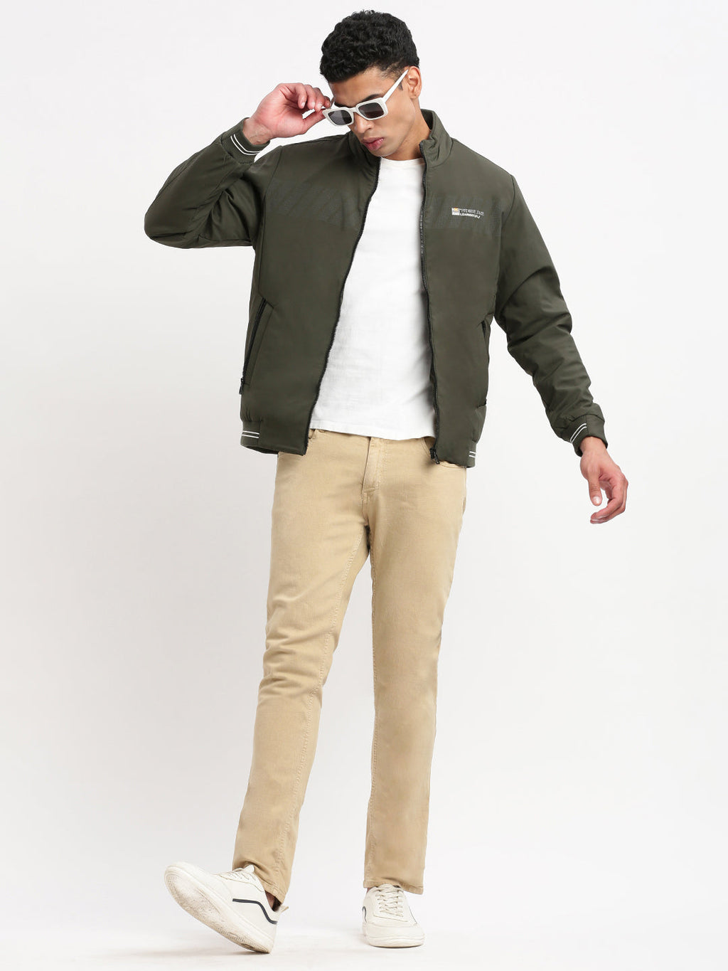 Men's Solid Mock Collar Olive Casual Bomber Jacket