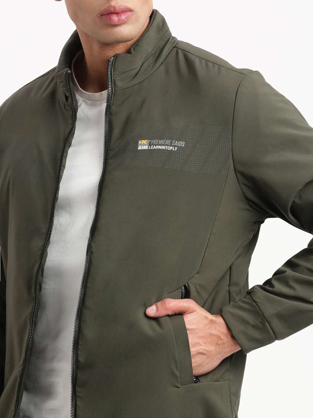Men's Solid Mock Collar Olive Casual Bomber Jacket