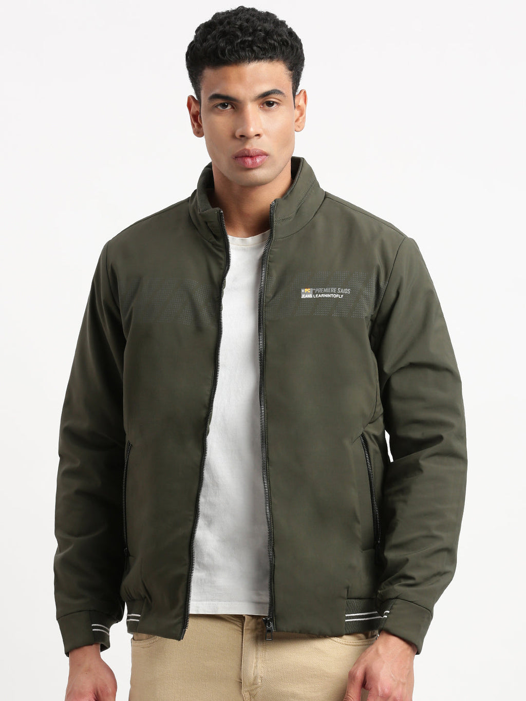 Men's Solid Mock Collar Olive Casual Bomber Jacket