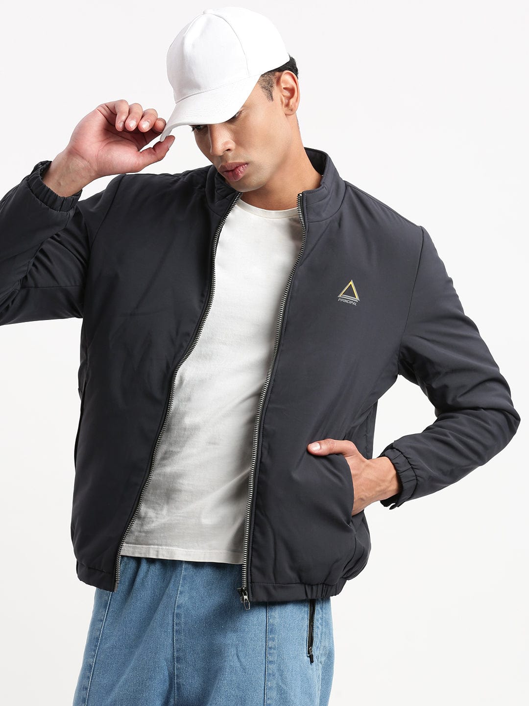 Men's Mock Collar Navy Blue Solid Casual Bomber Jacket