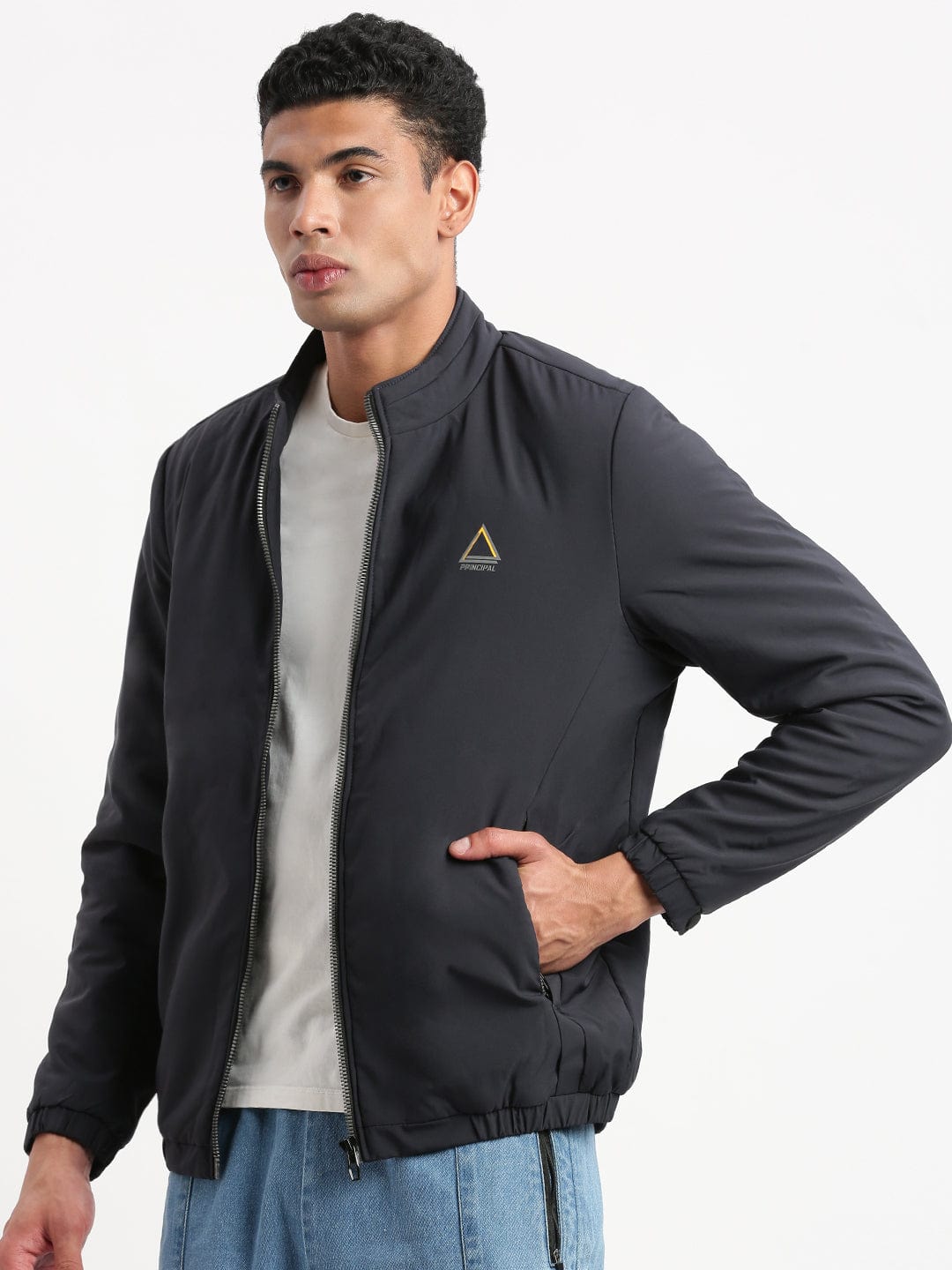 Men's Mock Collar Navy Blue Solid Casual Bomber Jacket