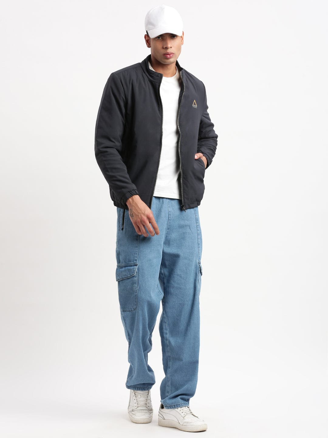 Men's Mock Collar Navy Blue Solid Casual Bomber Jacket