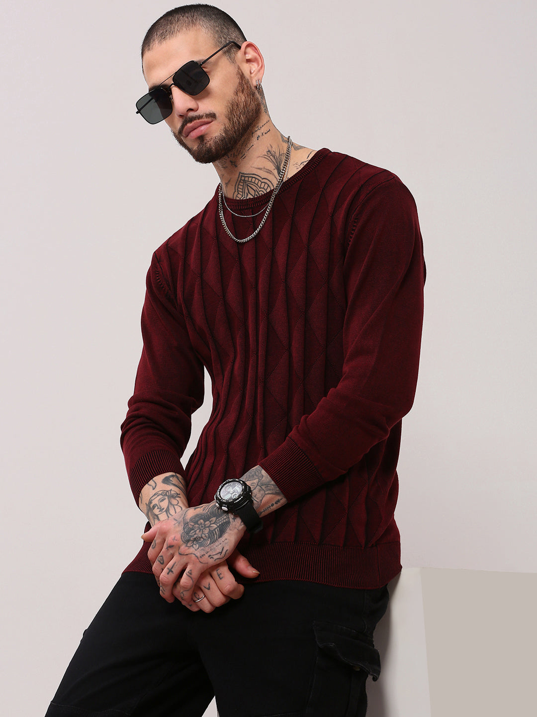 Men's Maroon Geometric Prints Sweater