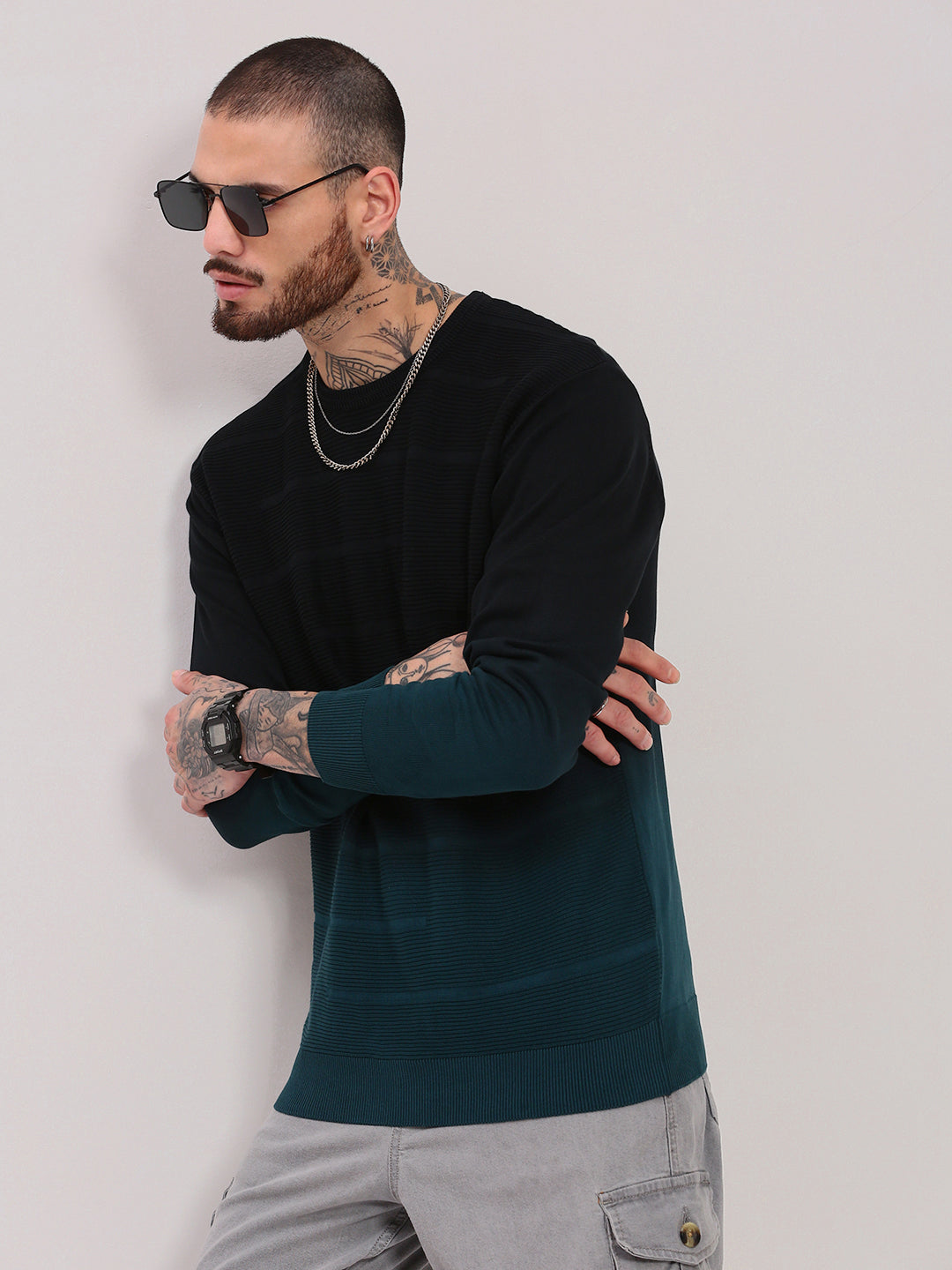 Men's Teal Cotton Colour blocked Pullover Sweater