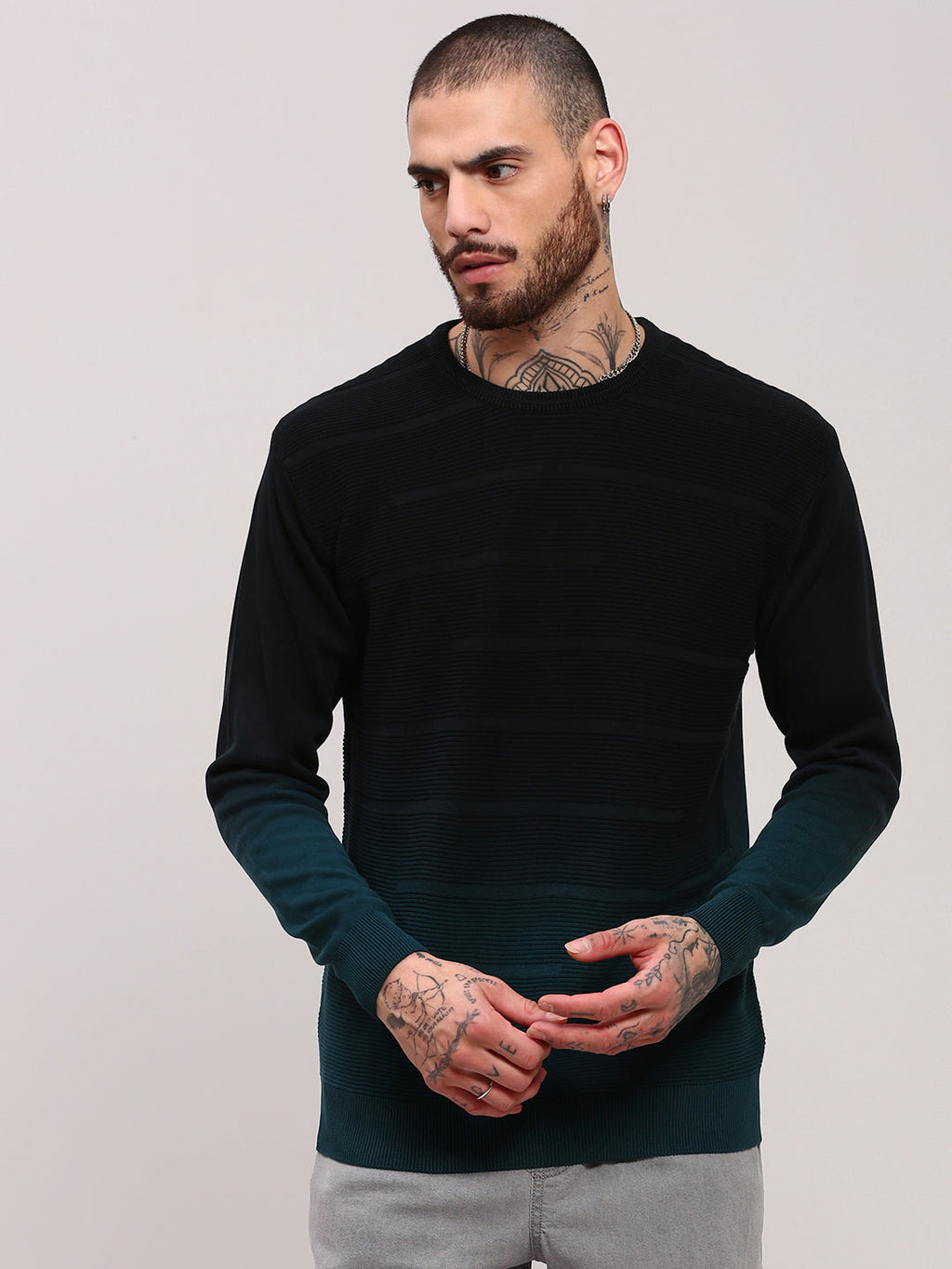 Men's Teal Cotton Colour blocked Pullover Sweater