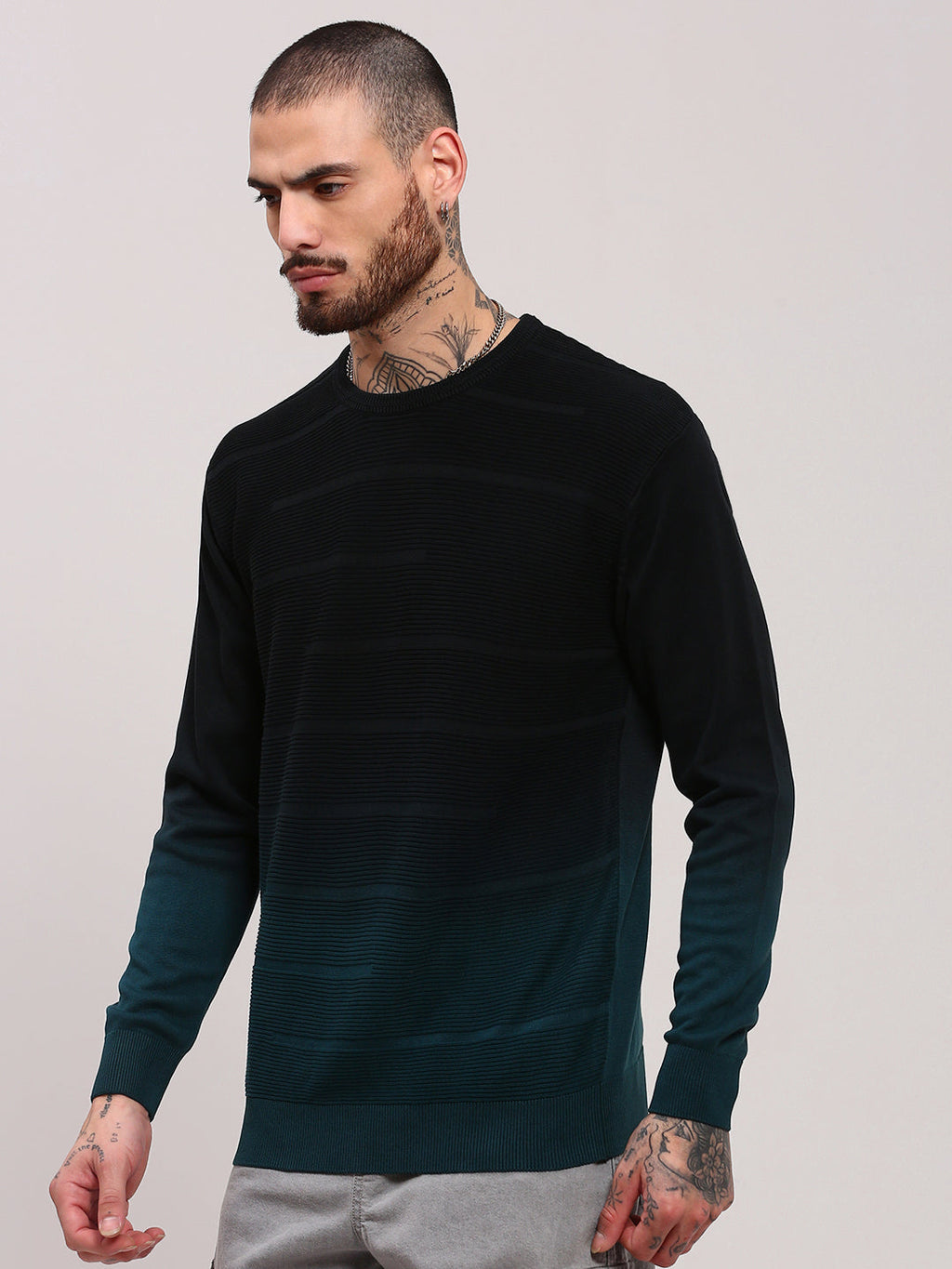 Men's Teal Cotton Colour blocked Pullover Sweater