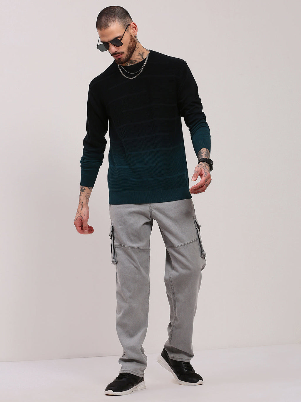 Men's Teal Cotton Colour blocked Pullover Sweater