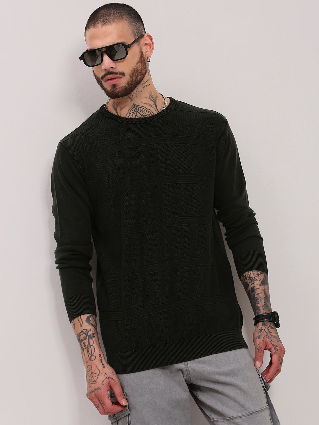 Men's Olive Round Neck Pullover Cotton Sweater