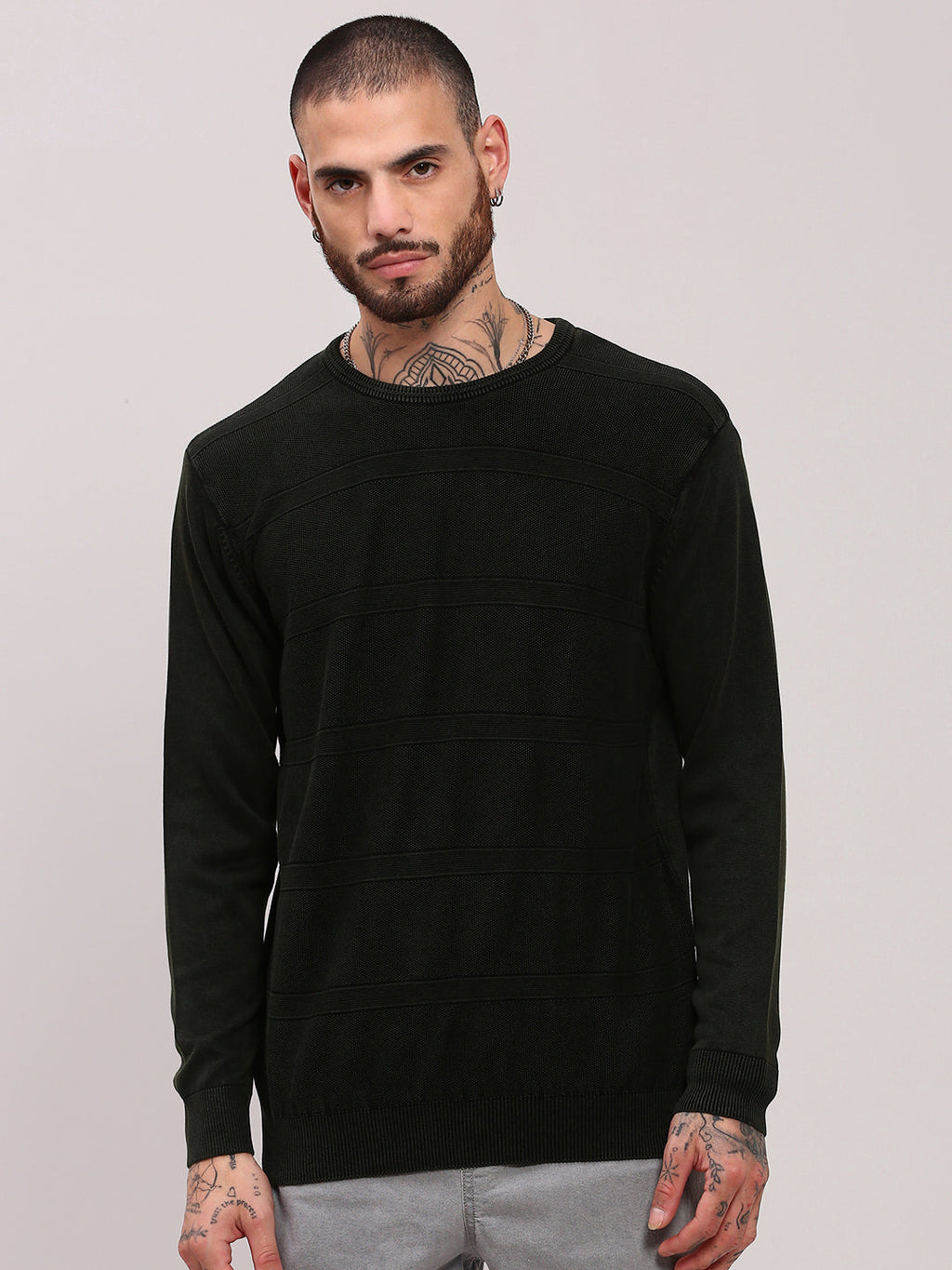 Men's Olive Round Neck Pullover Cotton Sweater