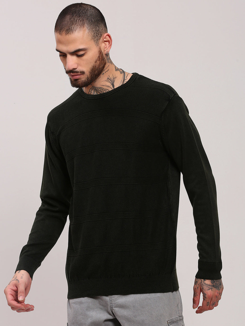 Men's Olive Round Neck Pullover Cotton Sweater