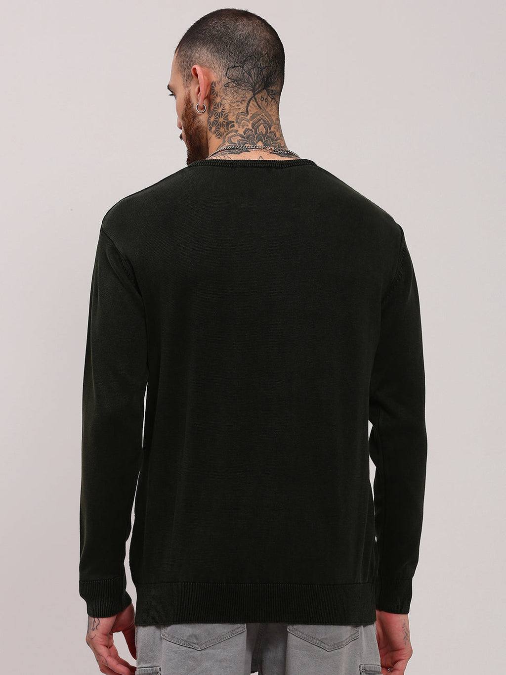 Men's Olive Round Neck Pullover Cotton Sweater