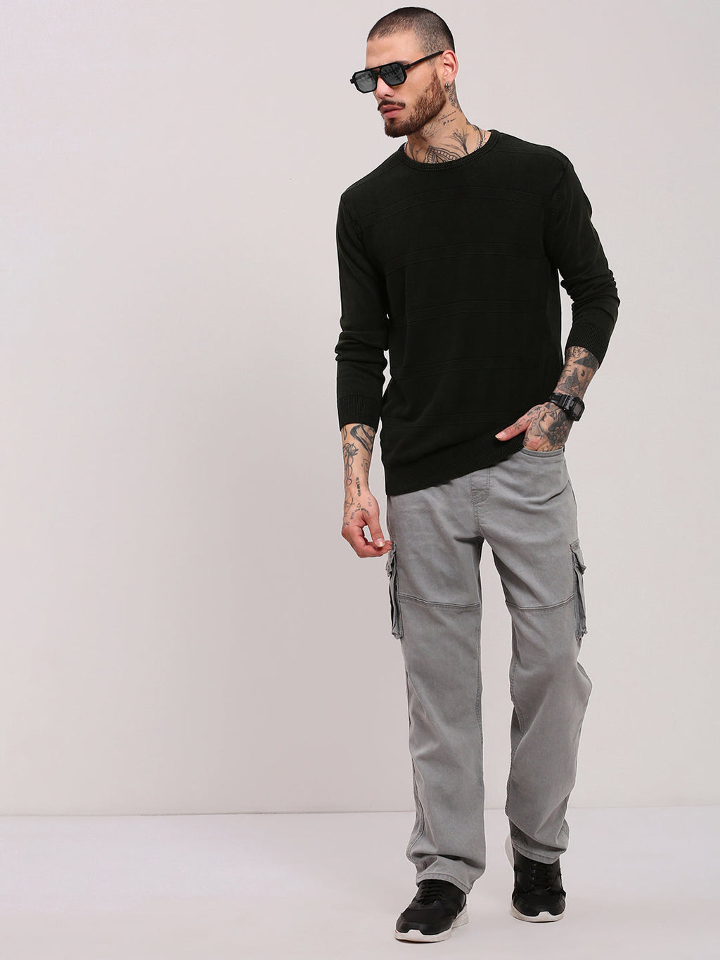 Men's Olive Round Neck Pullover Cotton Sweater