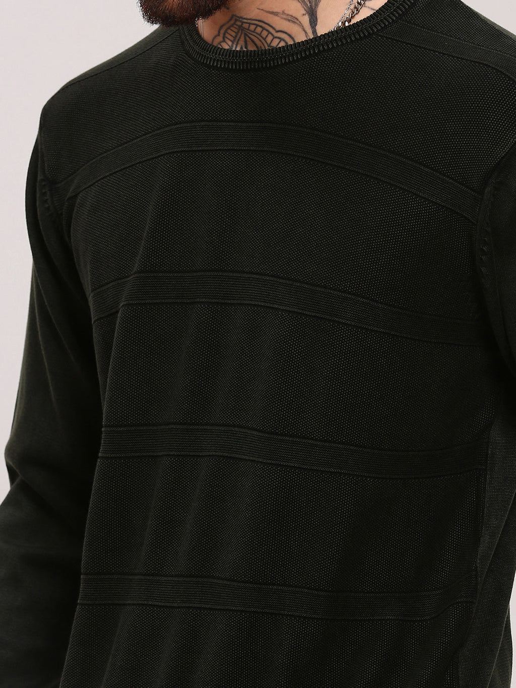 Men's Olive Round Neck Pullover Cotton Sweater