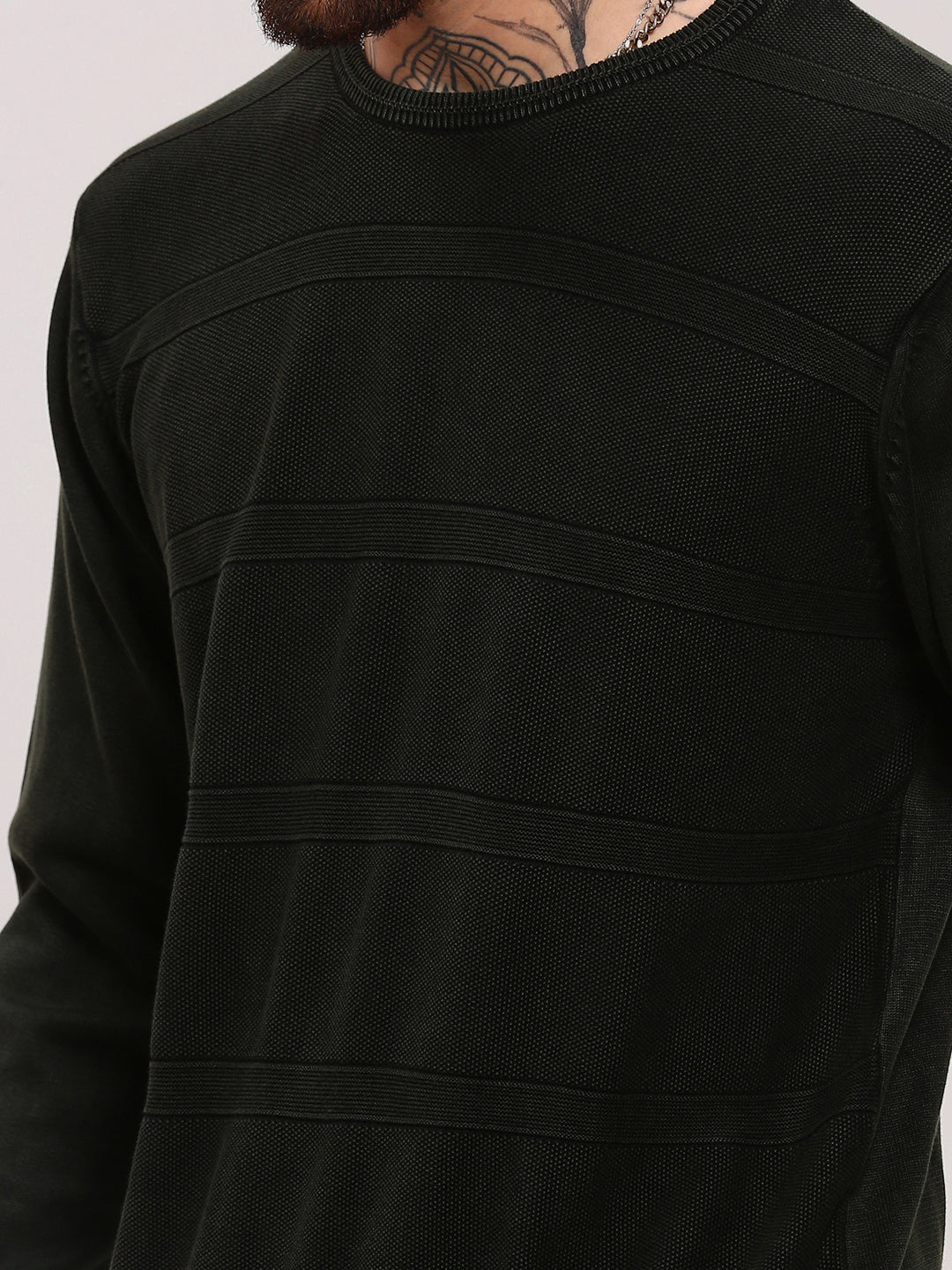 Men's Olive Round Neck Pullover Cotton Sweater