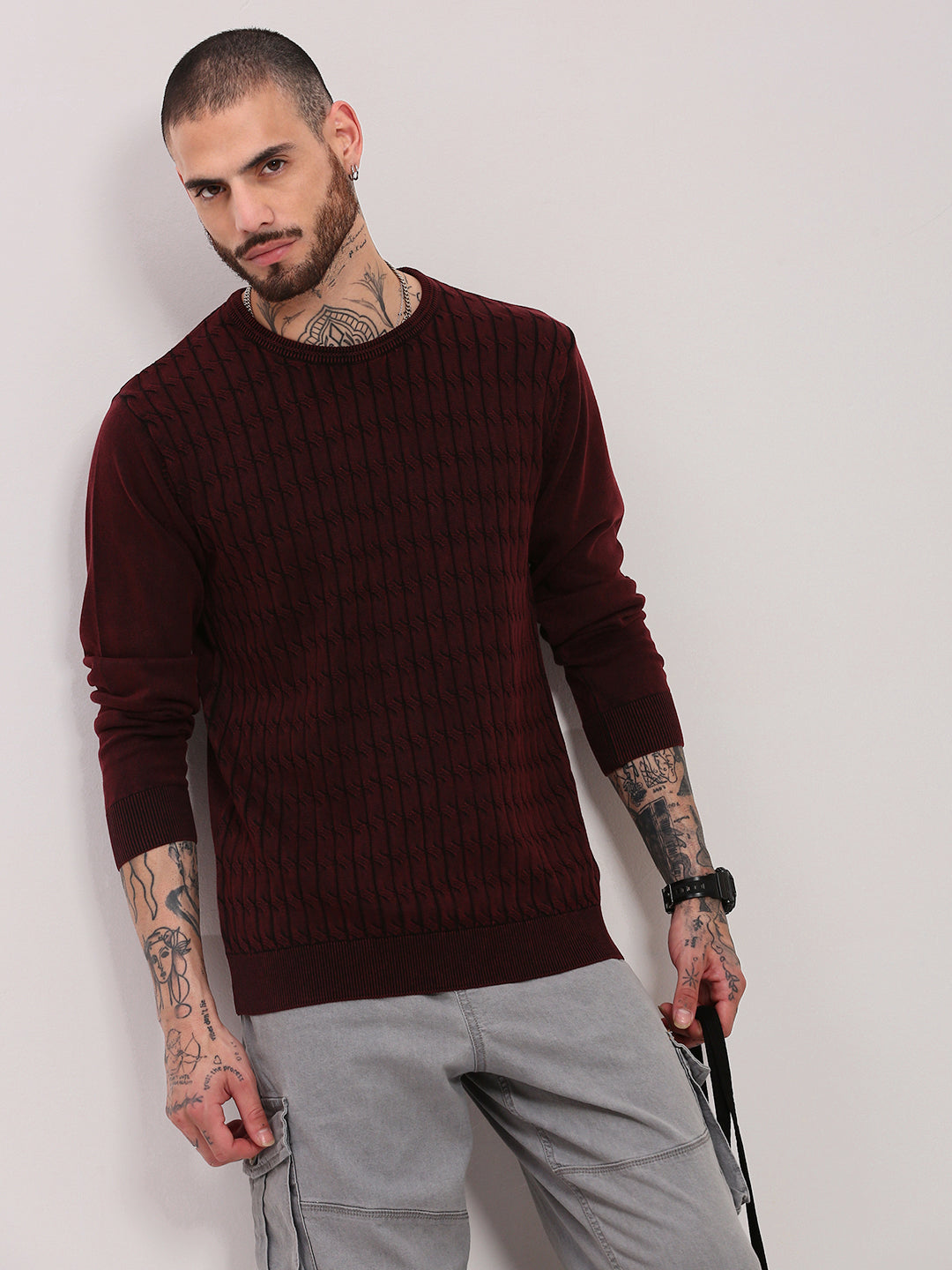 Men's Maroon Solid Sweater