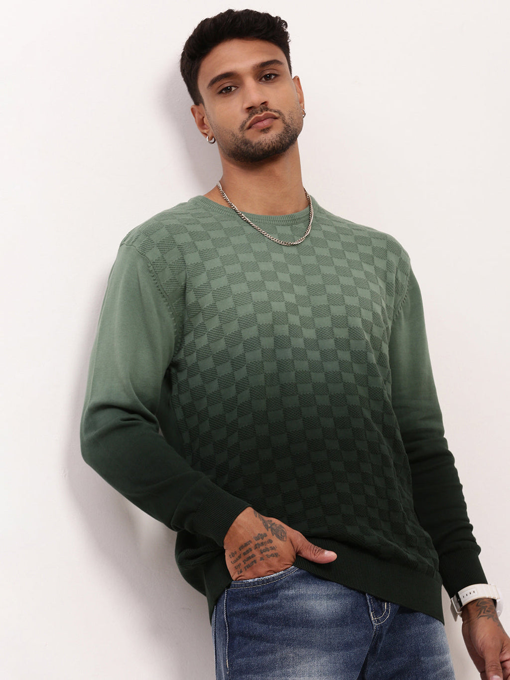 Men's Green Gradient knitted Round Neck Sweater