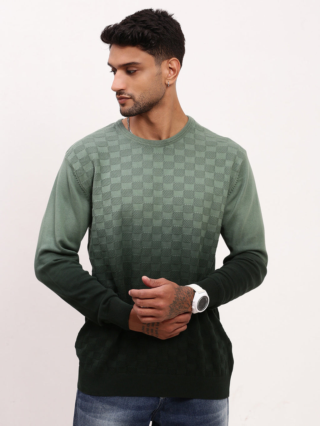 Men's Green Gradient knitted Round Neck Sweater