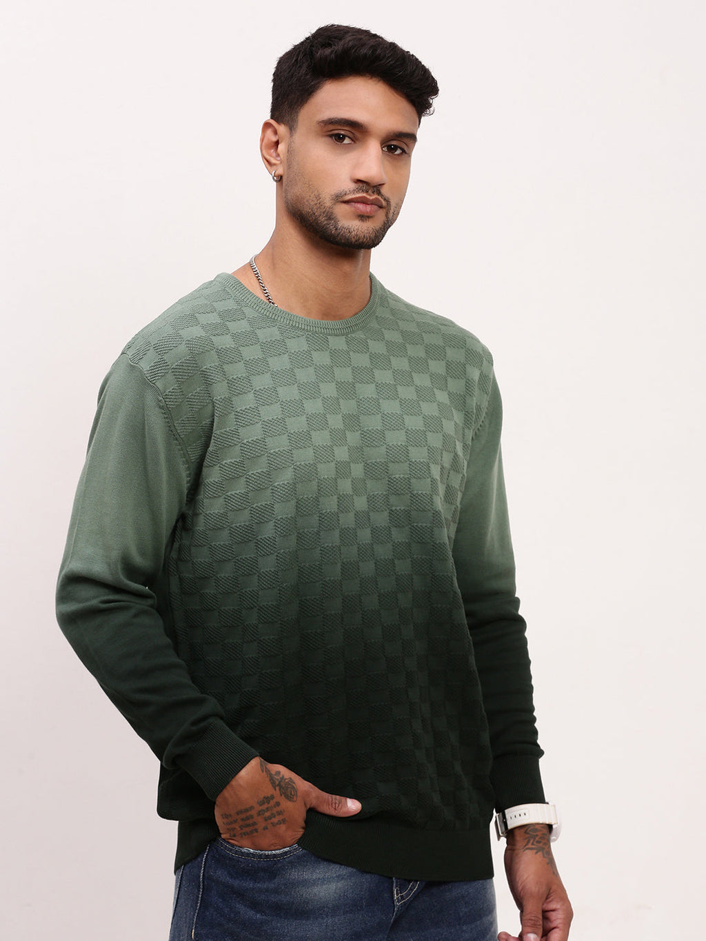 Men's Green Gradient knitted Round Neck Sweater