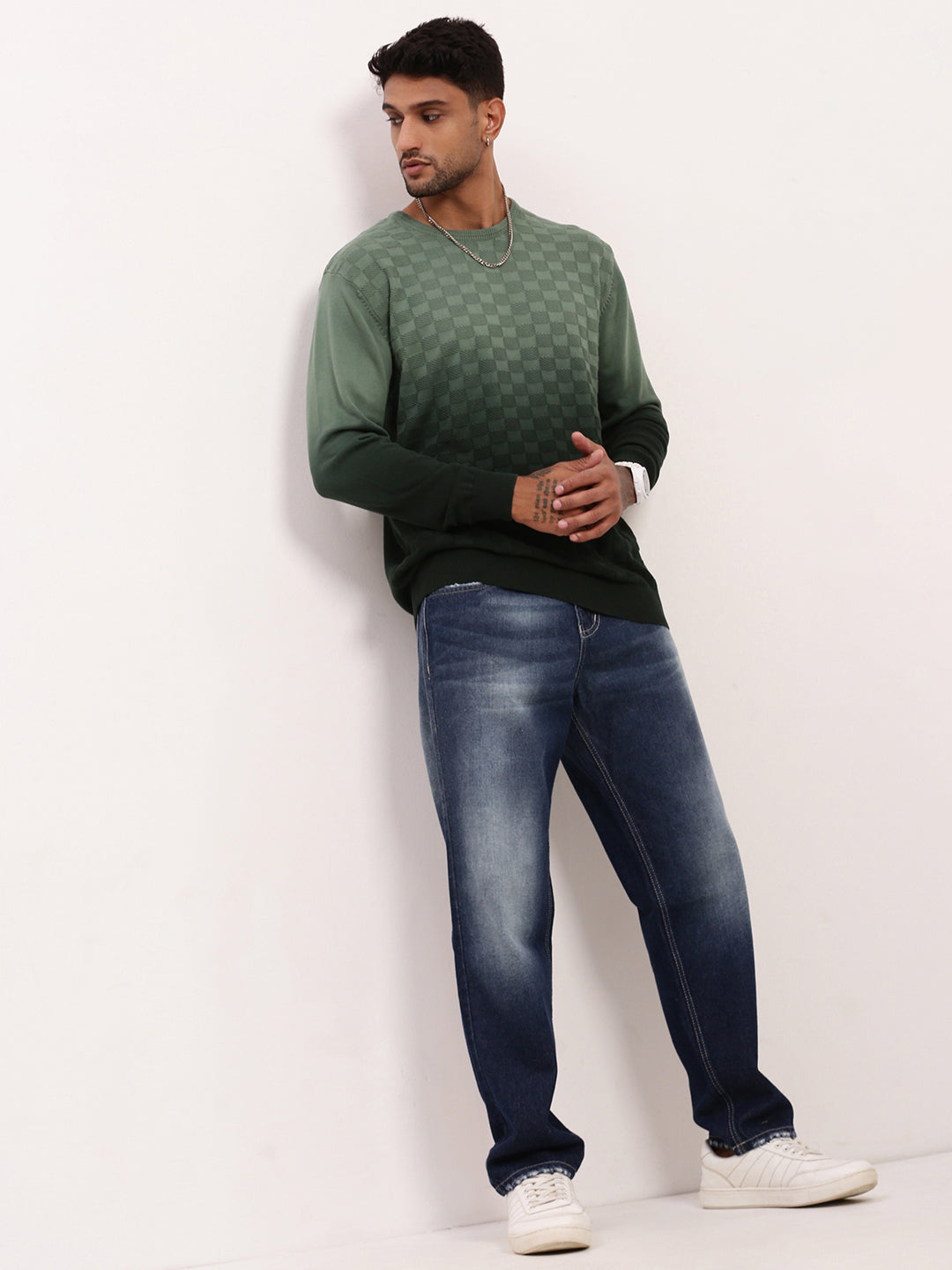 Men's Green Gradient knitted Round Neck Sweater