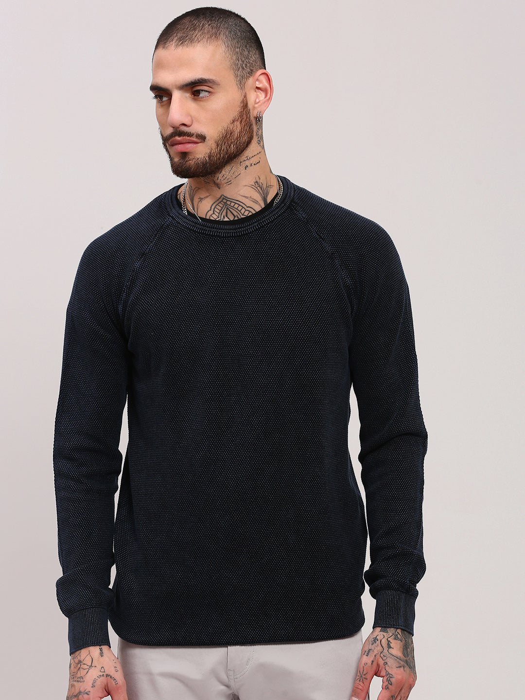 Men's Navy Blue Self Design Pullover Sweater