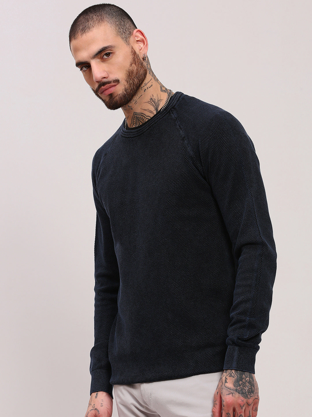 Men's Navy Blue Self Design Pullover Sweater