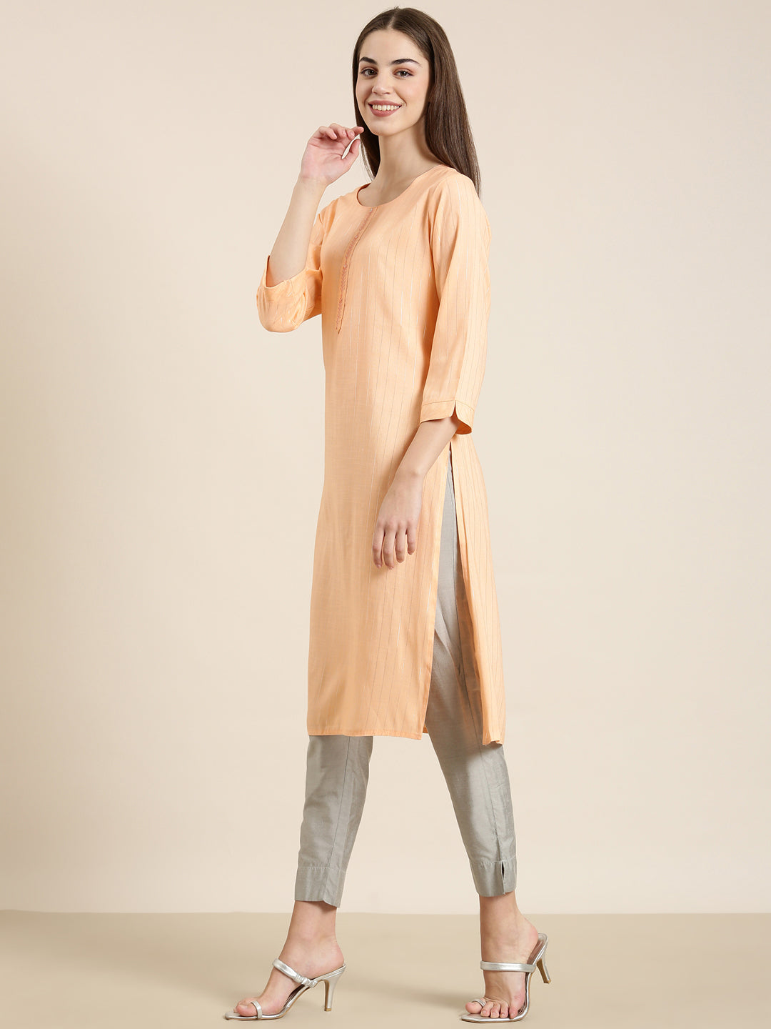 Women's Peach Striped Embellished Straight Kurta