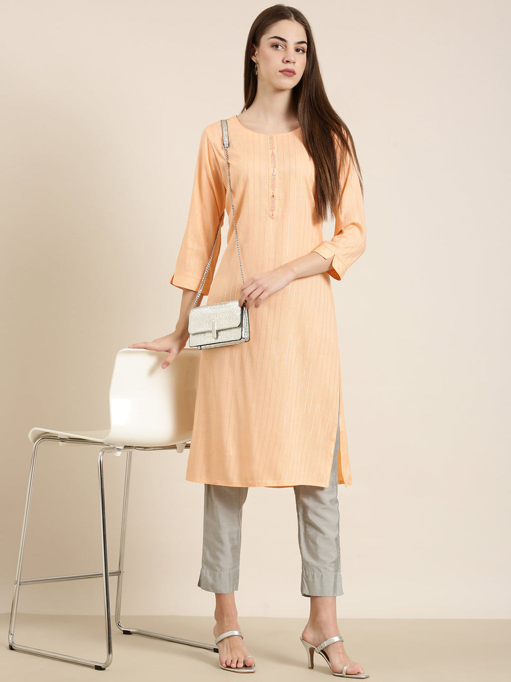 Women's Peach Striped Embellished Straight Kurta