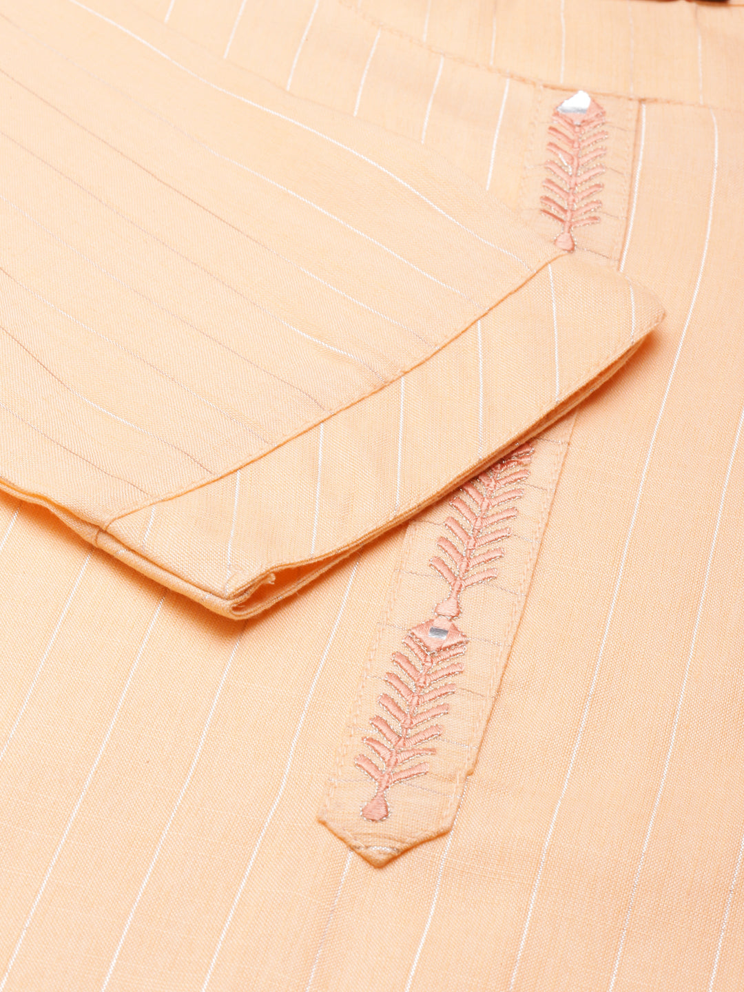 Women's Peach Striped Embellished Straight Kurta
