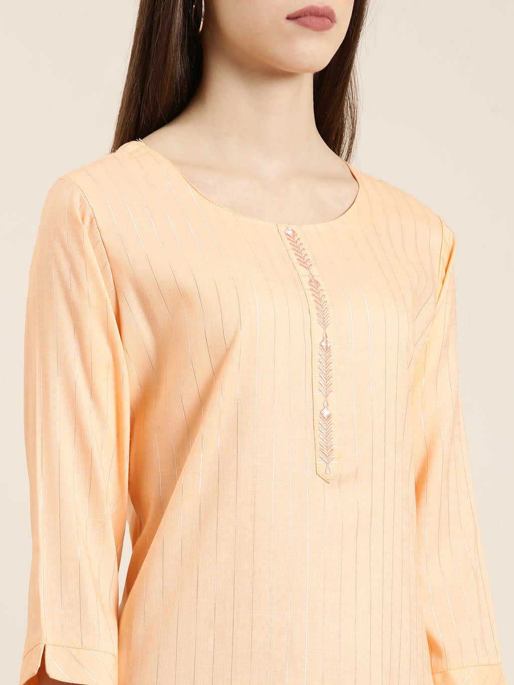 Women's Peach Striped Embellished Straight Kurta