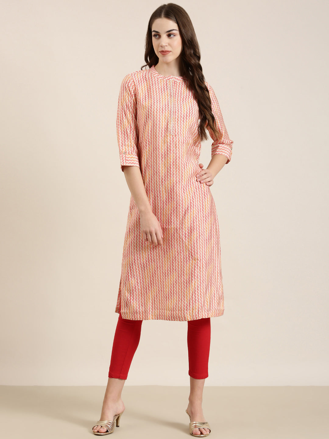 Women's Multi Geometrical Mandarin Collar Roll-Up Sleeves Straight Kurta
