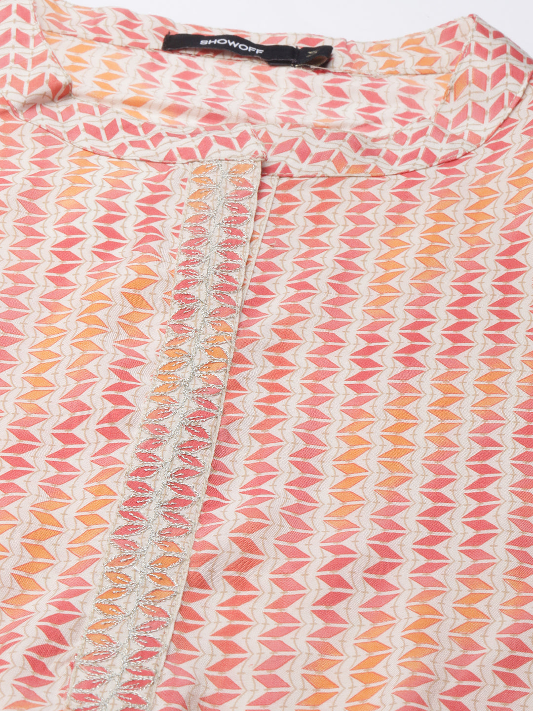 Women's Multi Geometrical Mandarin Collar Roll-Up Sleeves Straight Kurta