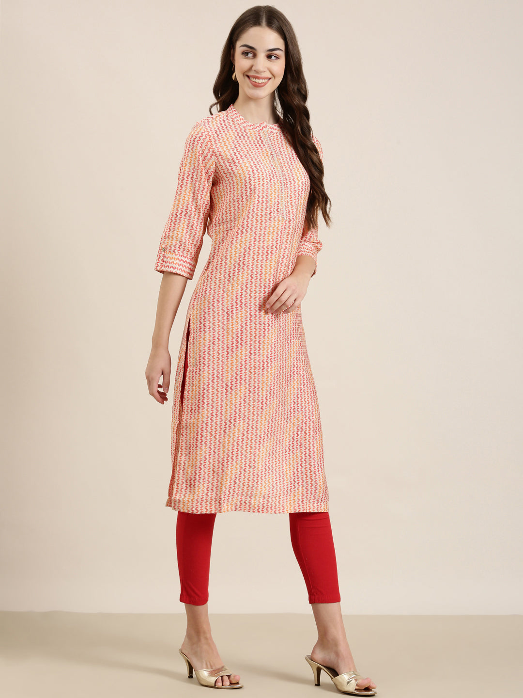 Women's Multi Geometrical Mandarin Collar Roll-Up Sleeves Straight Kurta